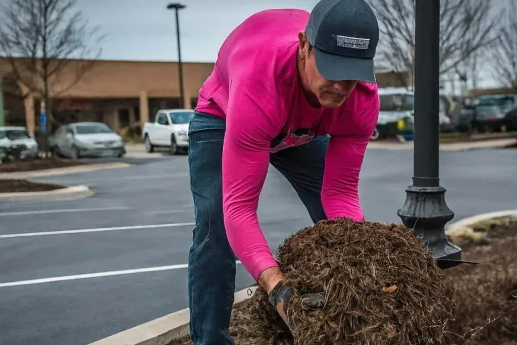 A landscaper in a pink long-sleeve shirt, blue jeans, and a dark baseball cap is hunched over in a parking lot, scooping up a large pile of dark, stringy mulch to place into a garden bed next to a lamppost.