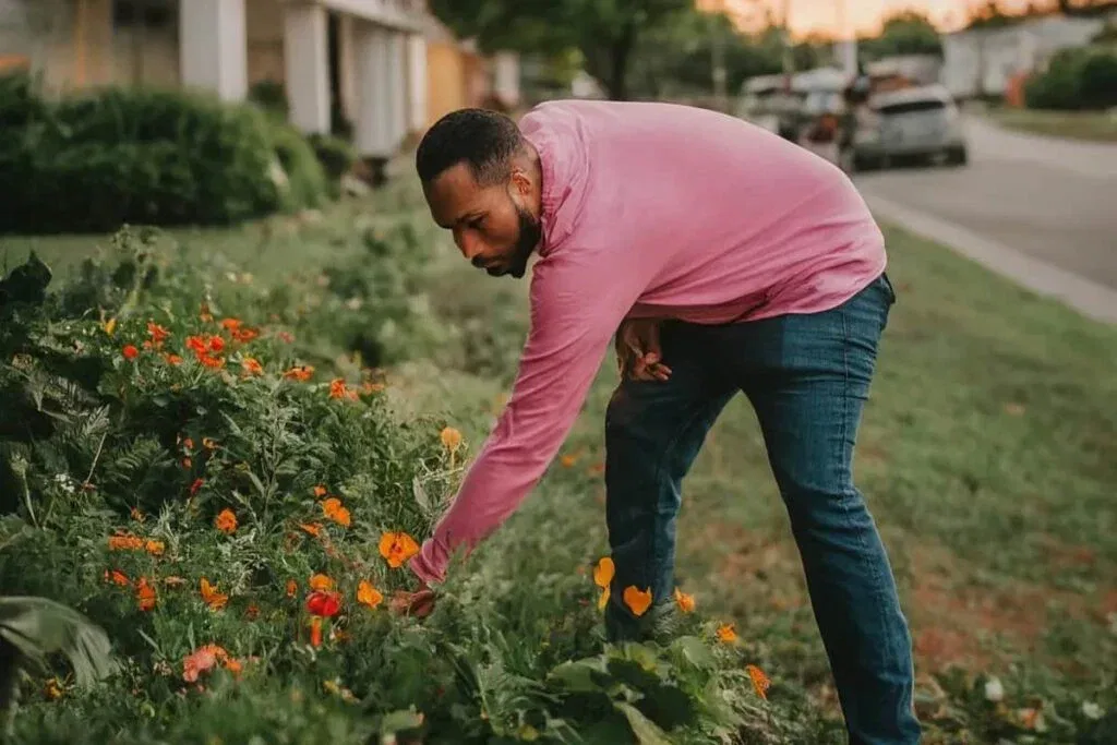 A man in a pink long-sleeve shirt is bent over, tending to a patch of bright orange and yellow flowers in a garden bed next to a sidewalk and residential street