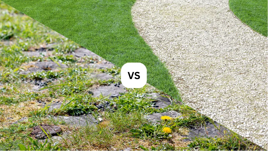 A comparison of an overgrown, weed-infested garden path versus a clean, professionally installed white gravel walkway with manicured grass, highlighting landscaping service in The Villages, Florida.