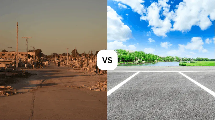 Side-by-side comparison of a destroyed city street versus a restored park and clean road, showcasing professional disaster recovery services in Central Florida.