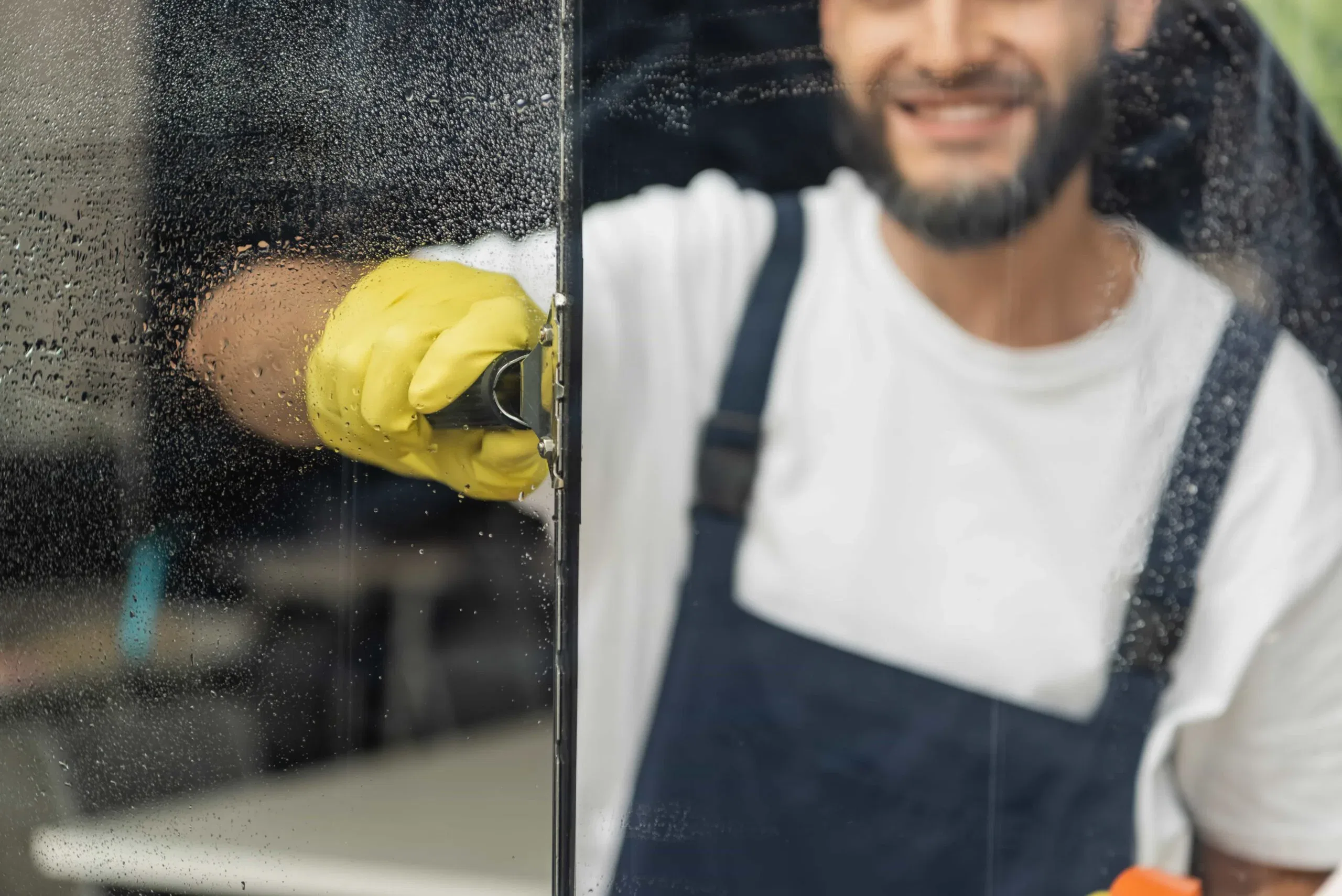 A smiling professional window cleaner using a squeegee and yellow gloves to wash a glass pane, providing residential window cleaning in Central Florida.