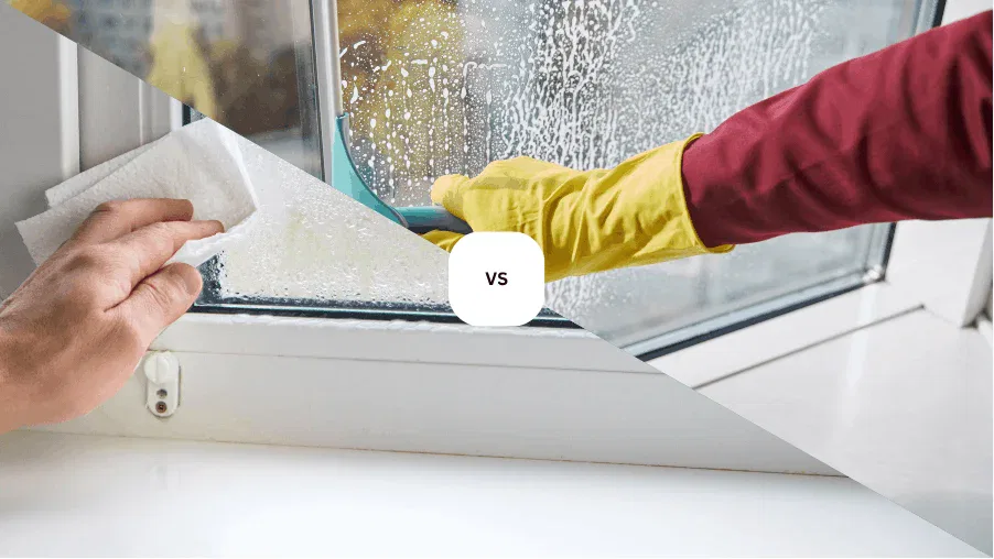 Comparison of DIY paper towel wiping vs professional squeegee technique for streak-free window cleaning in Central Florida.