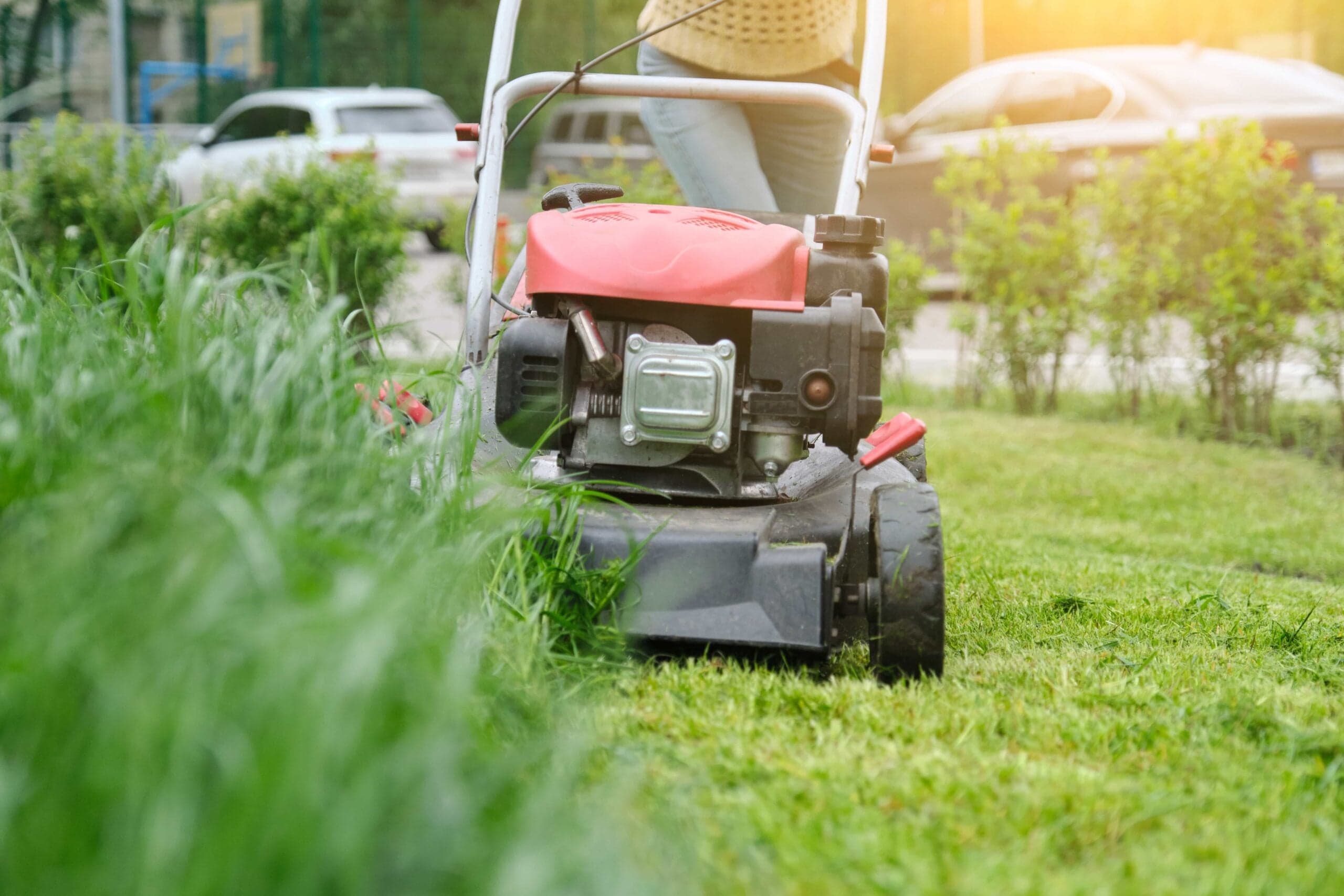 Summer Lawn Mowing Guide: Proven Commercial Turf Strategies 1 A professional gardener using a lawn mower for summer lawn mowing guide in Ocala, FL.